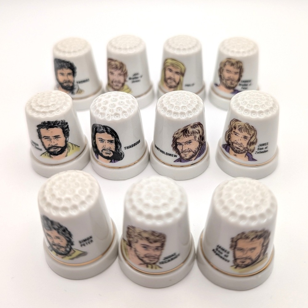 Vintage 11 Piece Apostle Thimble Set Porcelain Gold Trim Biblical Collectible - Picture 2 of 6